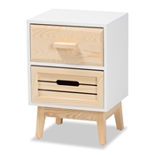 Baxton Studio Kalida Mid-Century Modern Two-Tone White and Oak Brown Finished Wood 2-Drawer Nightstand Baxton Studio restaurant furniture, hotel furniture, commercial furniture, wholesale bedroom furniture, wholesale night stand, classic night stand